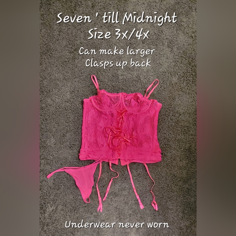 Hot pink 3x 4x boned lace sexy sheer garter lingerie set